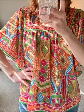Vibrant Multicolor Geometric Flutter-Sleeve Blouse